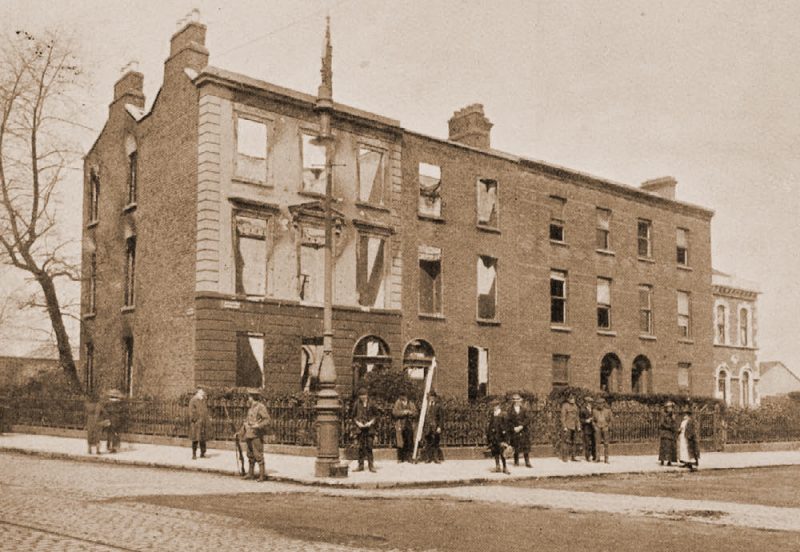 St. Stephen’s Parochial School House in 1916 after the Battle with British Soldiers on guard.
